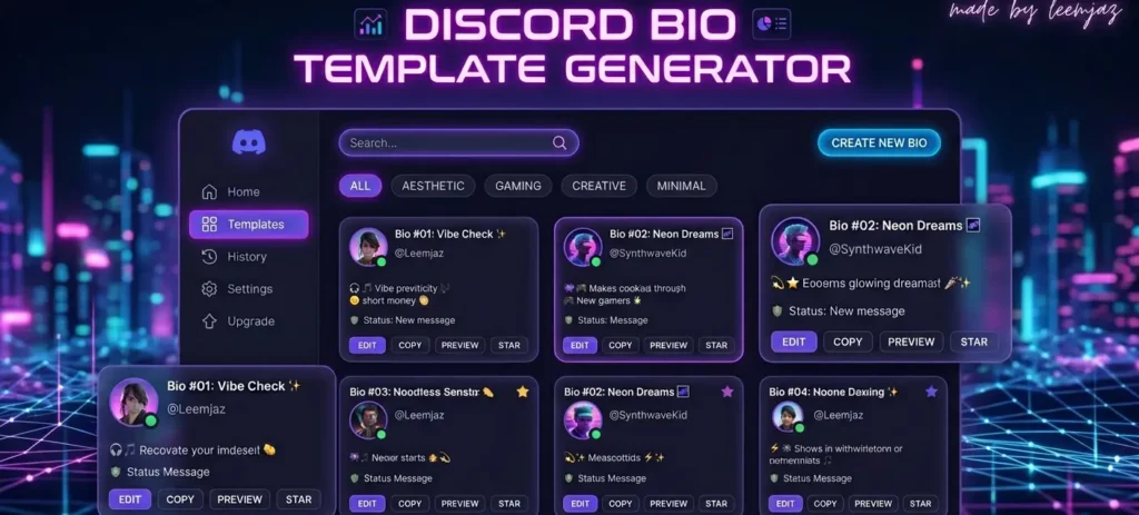futuristic dark mode UI design for a Discord Bio Template Generator, perfect for showing digital marketing agency portfolio work. Neon purple and blue cyberpunk dashboard featuring customizable bio templates, stylish typography, and Discord user profile cards. Optimized for UX/UI designers and social media marketing tools