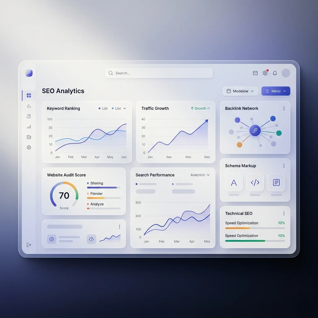A high-tech SEO analytics dashboard showing keyword ranking trends, traffic growth charts, and backlink network maps as part of professional SEO and digital marketing services.