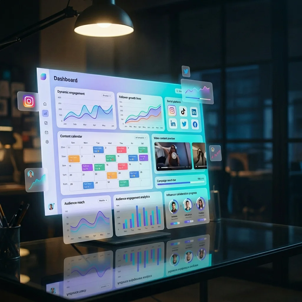 A modern glass-morphism dashboard displaying follower growth, engagement analytics, and a content calendar for social media marketing and digital marketing services.
