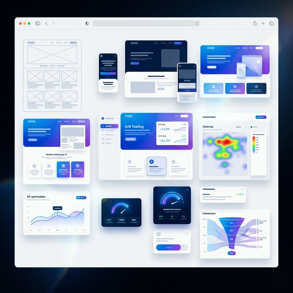 A comprehensive UI/UX design suite featuring wireframes, modular landing page layouts, and speed performance metrics for expert website development and digital marketing services.