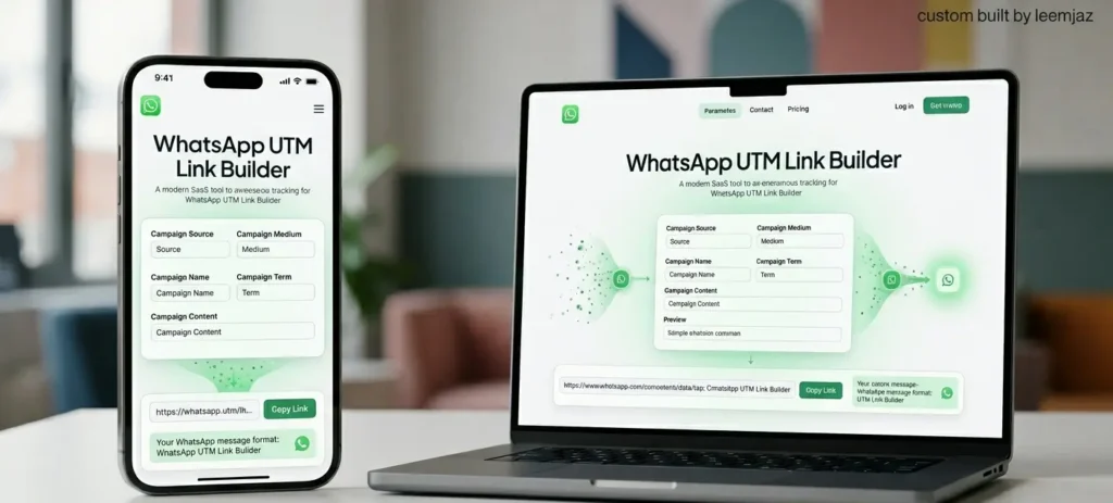 A digital marketing agency mockup of a custom WhatsApp UTM link builder. The image shows high-volume tracking interfaces on a smartphone and a laptop.