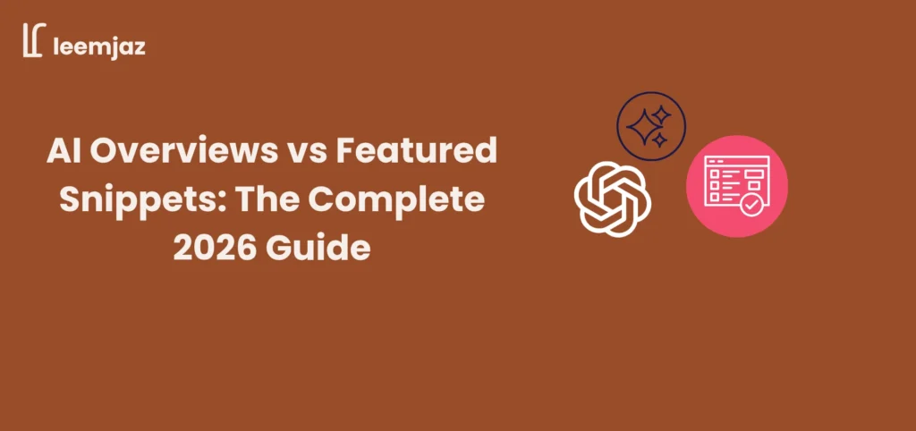 AI Overviews vs Featured Snippets complete 2026 guide banner with AI sparkle icon and search result snippet box.