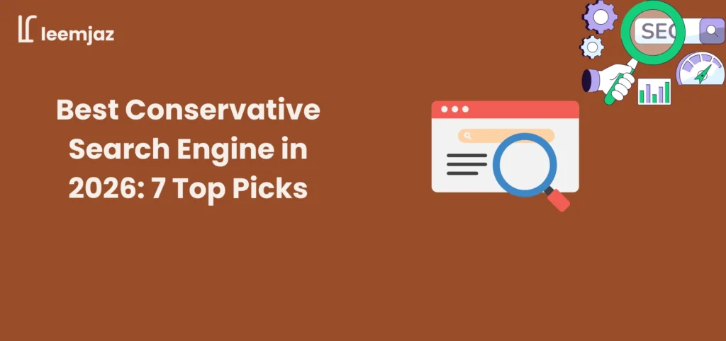 Best conservative search engine in 2026 banner showing 7 top picks with search browser window and SEO magnifying glass icons.