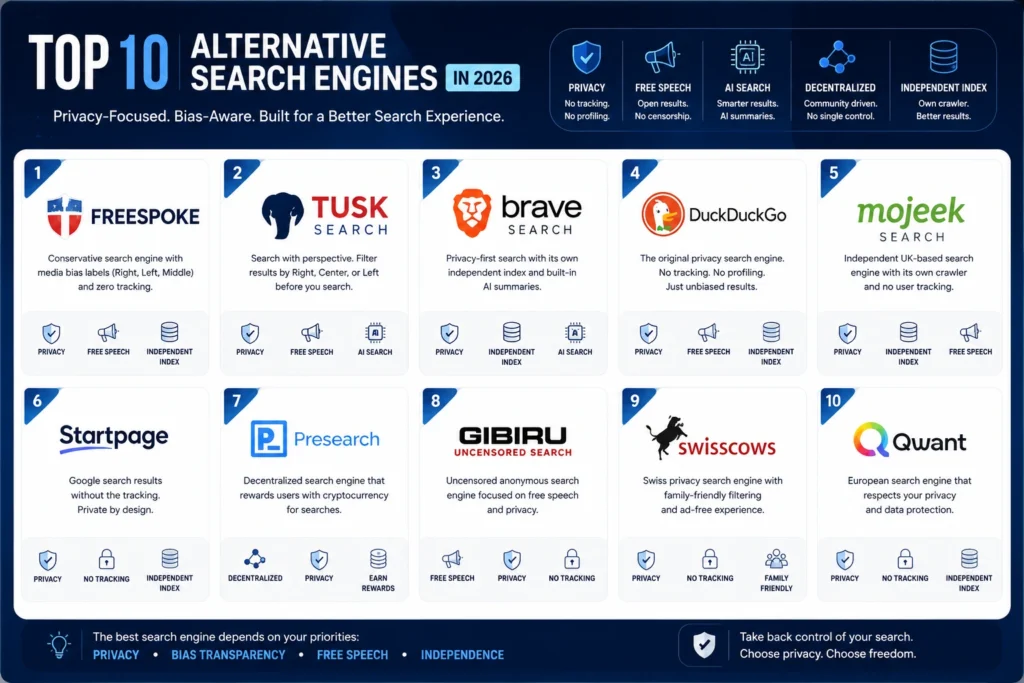 infographic showing the top 10 alternative search engines in 2026 including Freespoke, TUSK Search, Brave Search, DuckDuckGo, Mojeek, Startpage, Presearch, Gibiru, Swisscows, and Qwant with privacy, AI search, decentralization, and independent index features compared.