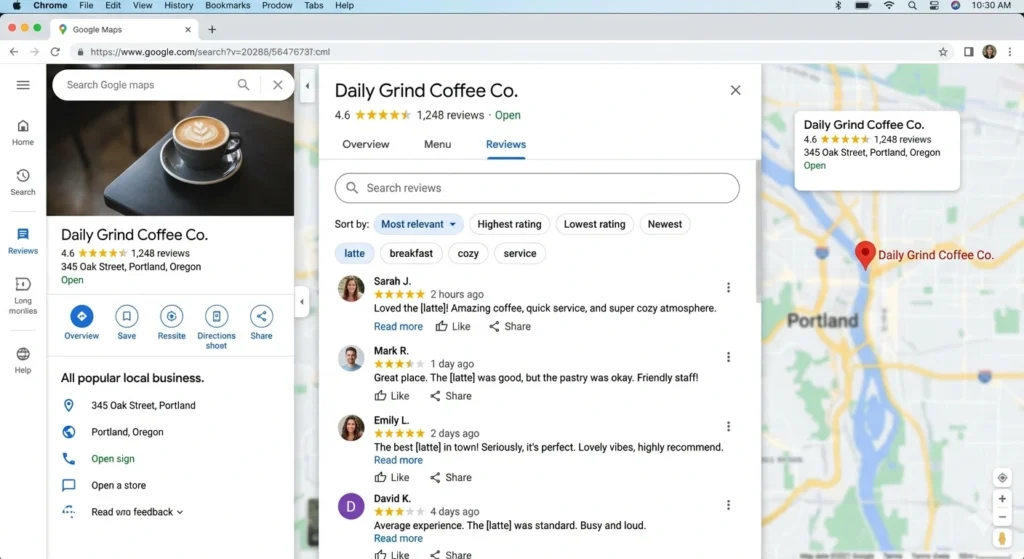Google Maps reviews search feature filtering customer feedback by keyword with ratings and user comments