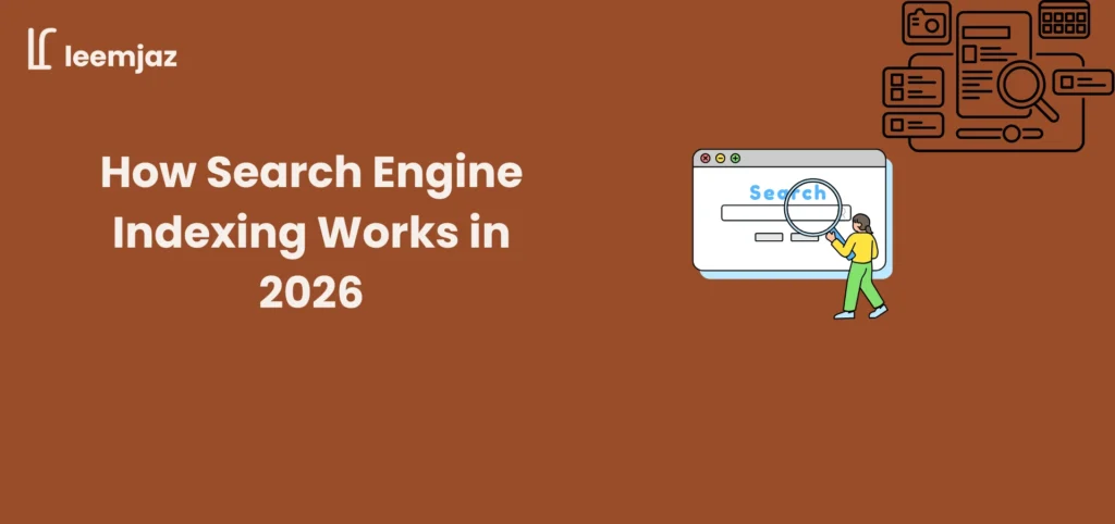 How search engine indexing works in 2026 banner with search browser window, magnifying glass, and content index icons.