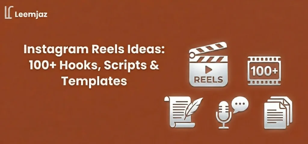A professional blog featured image for Leemjaz with a brown background. The main title reads 'Instagram Reels Ideas: 100+ Hooks, Scripts & Templates' in bold white text. Below the title is the subtext 'digital marketing services by Leemjaz'. On the right side, there are metallic silver 3D stickers including a Reels clapperboard, a '100+' film strip, a scroll with a quill, a microphone icon, and document templates, all neatly aligned.