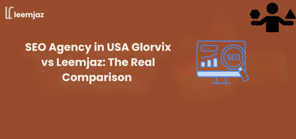 SEO Agency in USA Glorvix vs Leemjaz comparison banner showing SEO analytics dashboard and decision making graphic