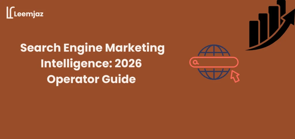 Search engine marketing intelligence 2026 operator guide banner with globe search icon and rising analytics bar chart