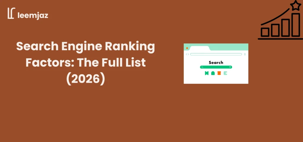 Search engine ranking factors full list 2026 banner with browser search bar and rising ranking bar chart.