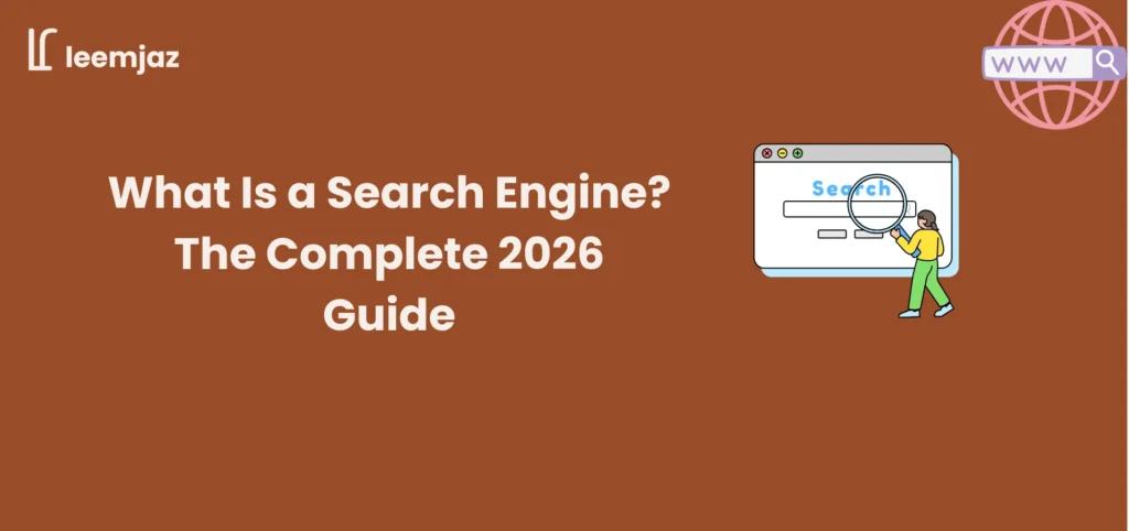 What is a search engine 2026 complete guide banner with browser search bar, magnifying glass, and www globe icon