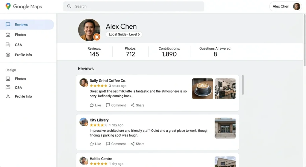 Google Maps reviewer profile showing Local Guide badge, total reviews, photos, and recent customer reviews