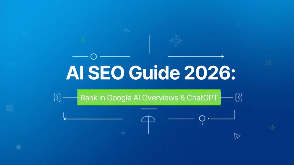 A clean sapphire blue digital graphic for an AI SEO Guide focused on ranking in Google AI Overviews and ChatGPT, showcased by Leemjaz digital marketing agency as part of their data-driven SEO services and digital marketing services.