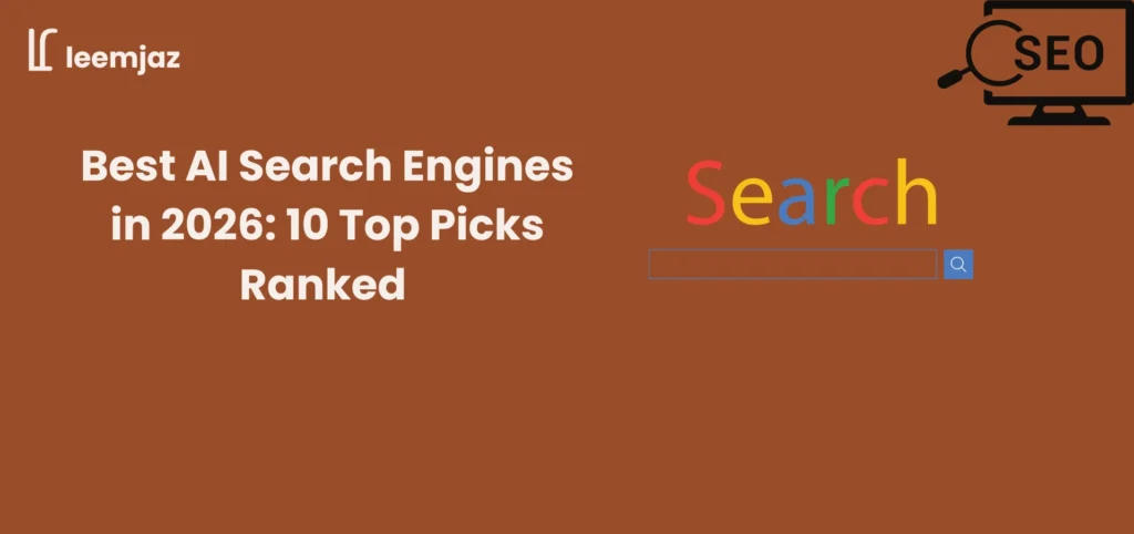 Best AI search engines in 2026 ranked 10 top picks banner with Google style colored search bar and SEO monitor icon