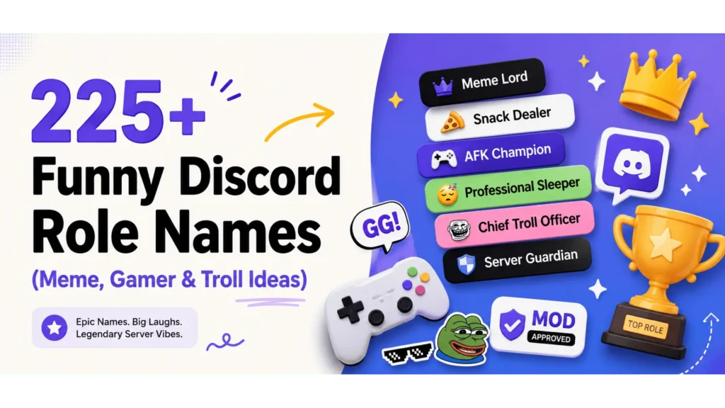 A bright blue gaming-themed banner with funny Discord role names like Meme Lord and Snack Dealer, presented by Leemjaz digital marketing agency to demonstrate professional digital marketing services and SEO services for online communities.