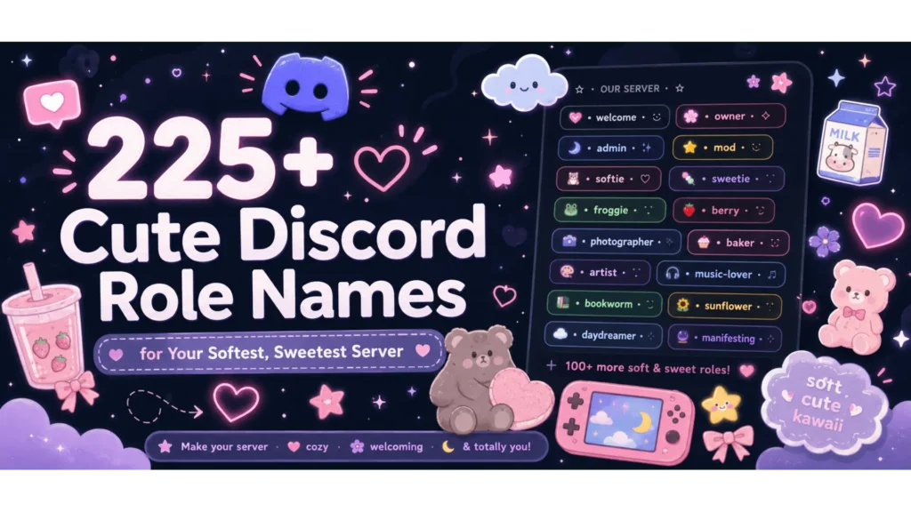 A vibrant pink and purple kawaii-style banner displaying cute Discord role names like softie and sweetie, designed by Leemjaz digital marketing agency as part of specialized SEO services and digital marketing services.