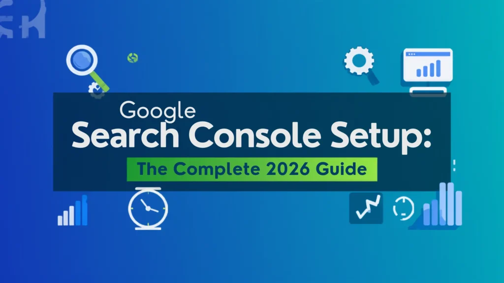 A bright blue and green digital banner showing data analytics icons and text for Google Search Console setup. Designed by Leemjaz digital marketing agency to promote expert SEO services and strategic digital marketing services.