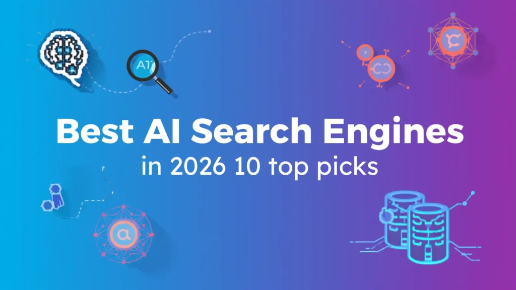A vibrant blue and purple gradient digital banner presenting 'Best AI Search Engines in 2026 10 top picks' alongside artificial intelligence and data icons. Created by Leemjaz digital marketing agency to highlight forward-thinking SEO services and advanced digital marketing services.