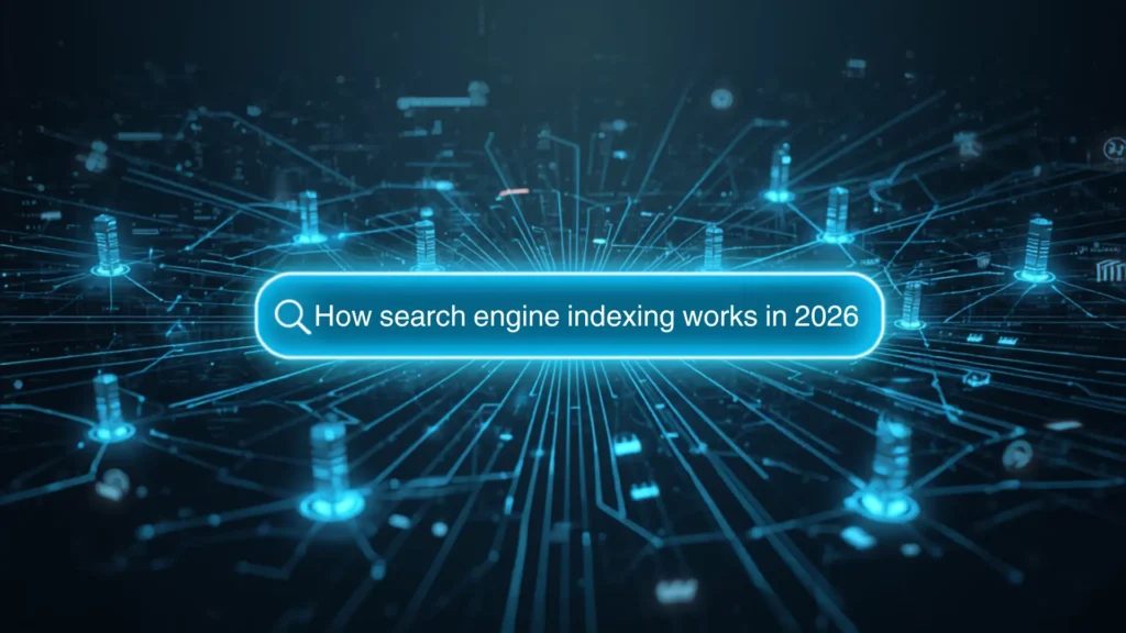A glowing blue futuristic search bar displaying 'How search engine indexing works in 2026' over a digital network grid. Crafted by Leemjaz, a top digital marketing agency providing advanced SEO services and comprehensive digital marketing services.
