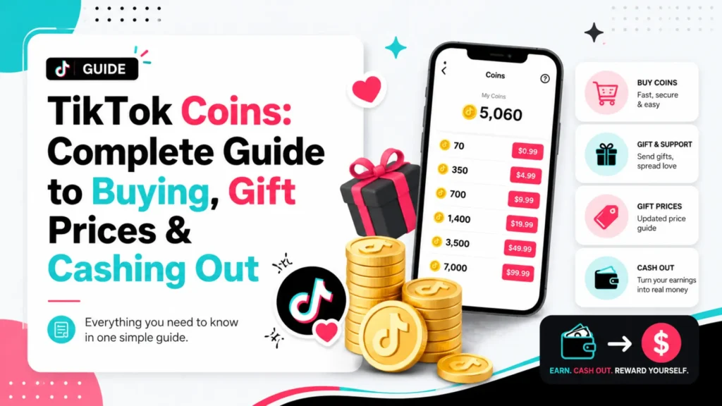 TikTok coins guide showing coin balance, pricing options, gifting features, and cashing out process in a step-by-step interface.