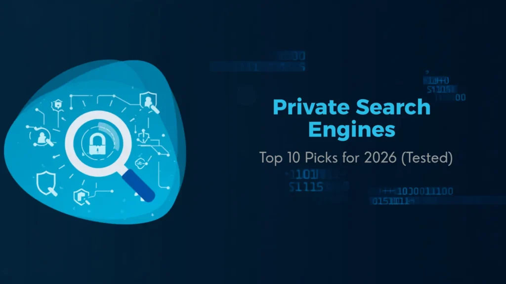 Geometric tech illustration with a focus on search and privacy, created for a blog post on private search engines, presented by Leemjaz, a digital marketing agency providing data-driven digital marketing services and technical seo services.