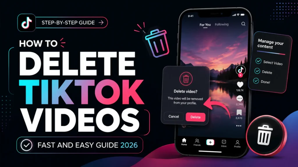 Tutorial showing how to delete TikTok videos from profile with confirmation popup and delete option.