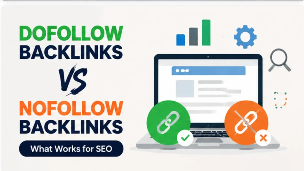 SEO comparison showing dofollow vs nofollow backlinks with link icons, laptop interface, and ranking indicators.