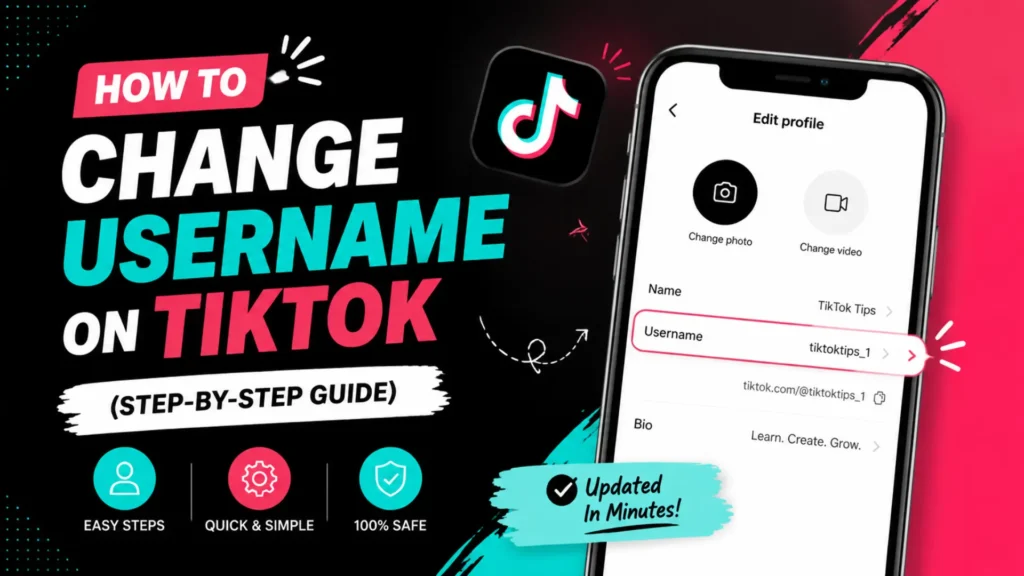 TikTok profile settings screen showing how to change username, edit profile, and update account details.