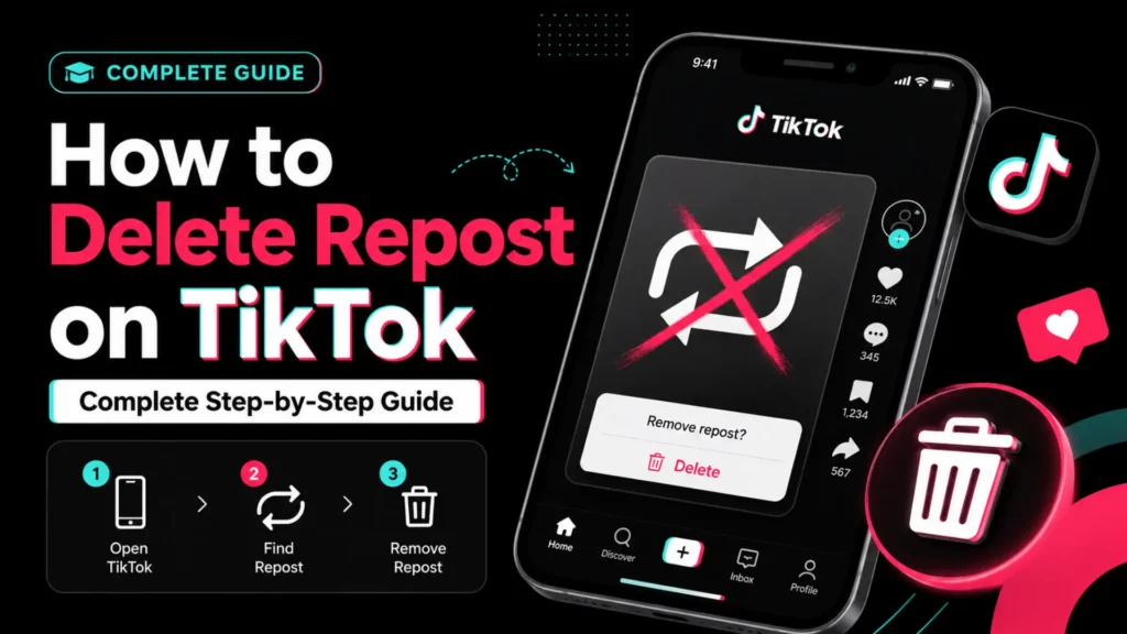 TikTok repost removal guide showing how to find reposted content and delete it from account feed.
