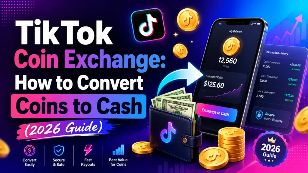 TikTok coin exchange interface showing conversion of coins to cash with wallet and transaction dashboard.