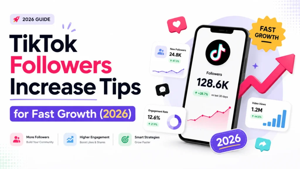 TikTok analytics dashboard showing follower growth, engagement rate, views, and performance improvement tips.