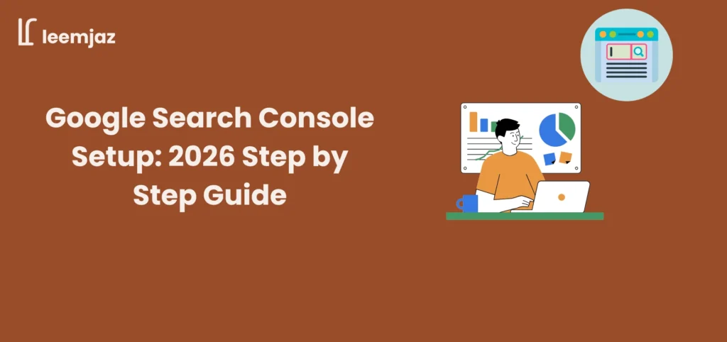 Google Search Console setup 2026 step by step guide banner with analytics dashboard and search browser icon