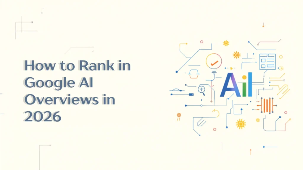 A minimalist off-white banner detailing how to rank in Google AI Overviews in 2026, paired with an abstract tech graphic from Leemjaz digital marketing agency to highlight premium SEO services and digital marketing services.