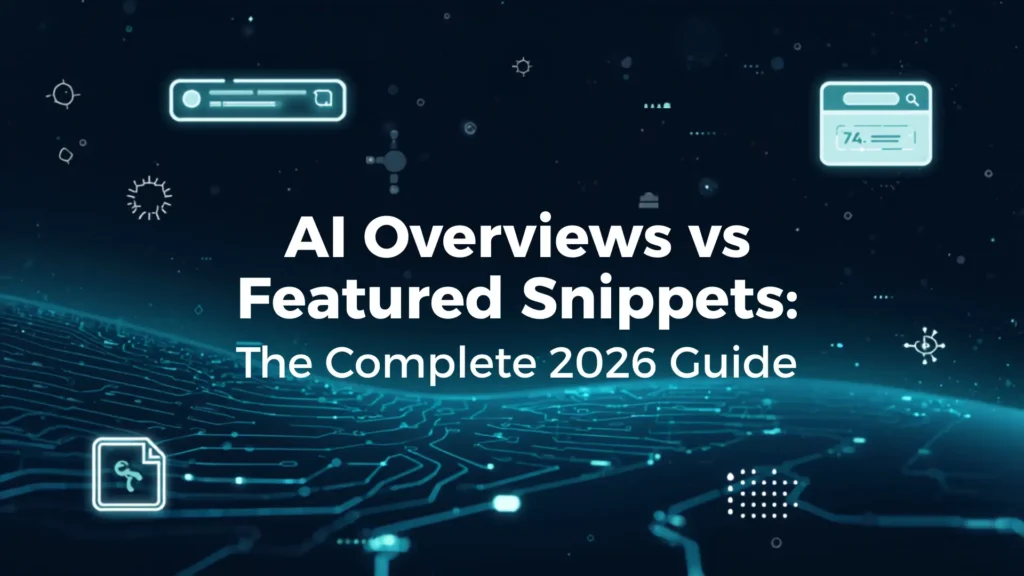 An abstract digital landscape banner titled 'AI Overviews vs Featured Snippets: The Complete 2026 Guide' featuring neon tech icons. Presented by Leemjaz digital marketing agency, experts in modern SEO services and tailored digital marketing services.
