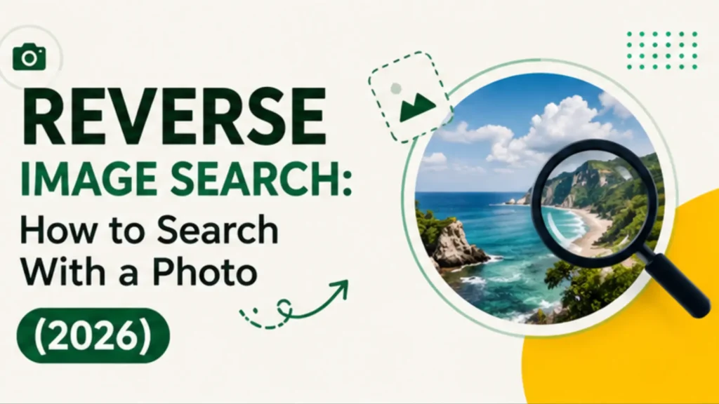 Illustration of reverse image search showing a magnifying glass over a landscape photo with the title "Reverse Image Search: How to Search With a Photo (2026)" and camera search icons.