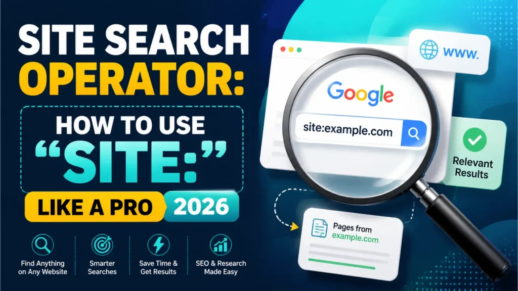 Site Search Operator: How to Use "site:" Like a Pro 2026 – SEO blog featured banner designed for Leemjaz digital marketing agency SEO agency, featuring a magnifying glass over a Google search interface, website results cards, and clean digital SEO icons representing search optimization and web discovery.