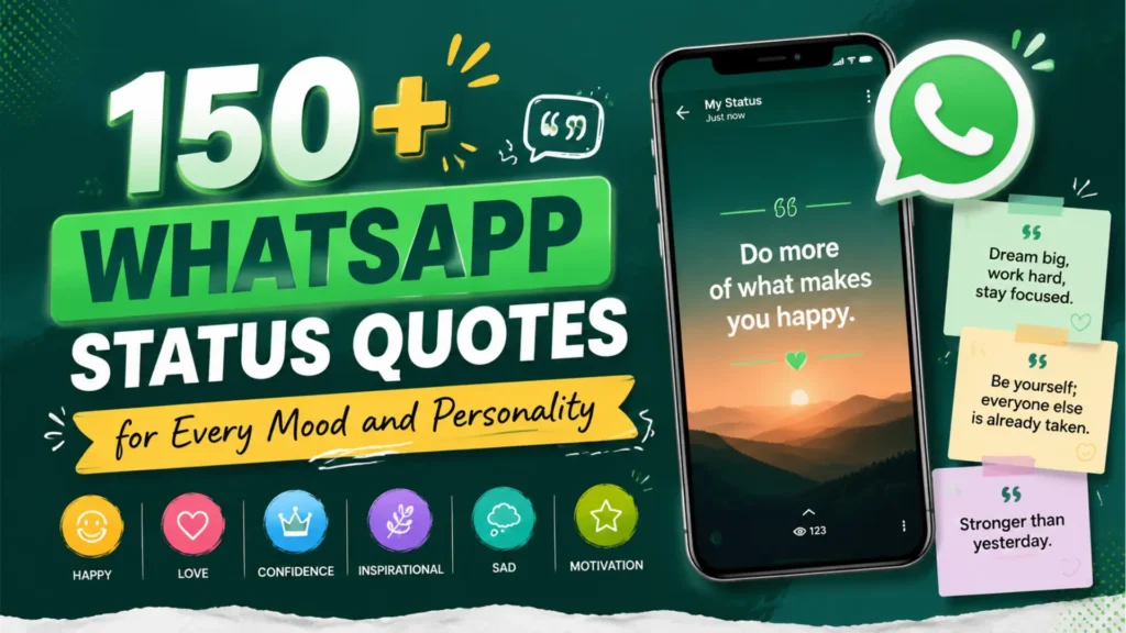 WhatsApp status quotes blog image with quote cards and mood icons by Leemjaz digital marketing agency