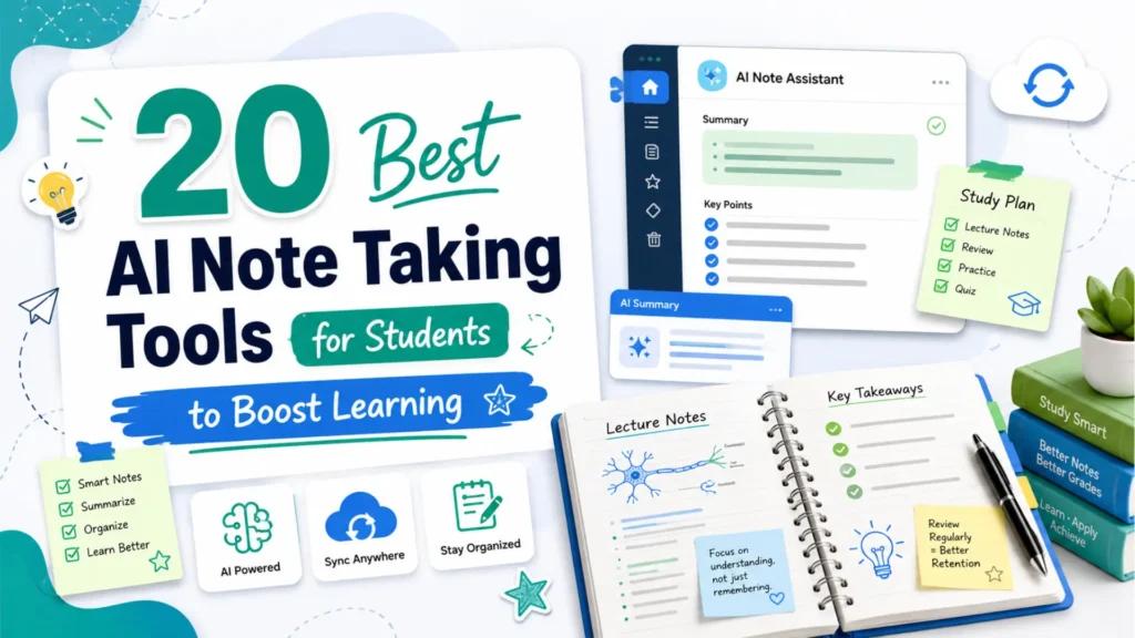 Graphic showing the 20 best AI note taking tools for students with smart notes, summaries, study plans, and lecture notes.