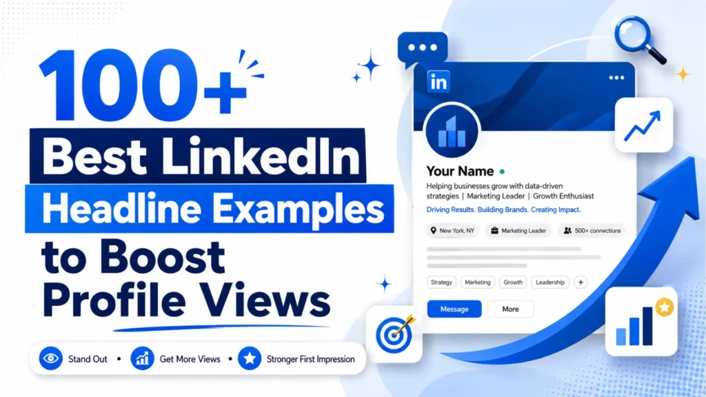LinkedIn headline examples graphic with profile card and upward growth arrow