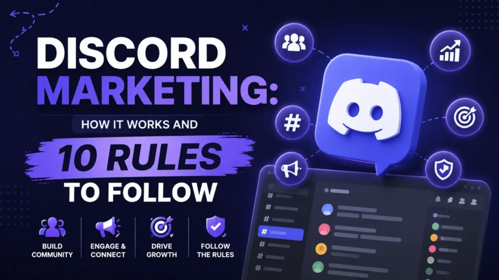 Discord marketing guide showing 10 essential rules for community growth, engagement, and server optimization by Leemjaz.