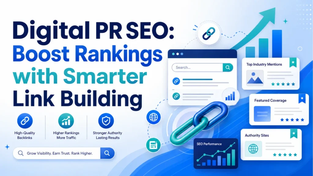 SEO graphic showing digital PR link building with backlinks, featured coverage, authority sites, and ranking growth.