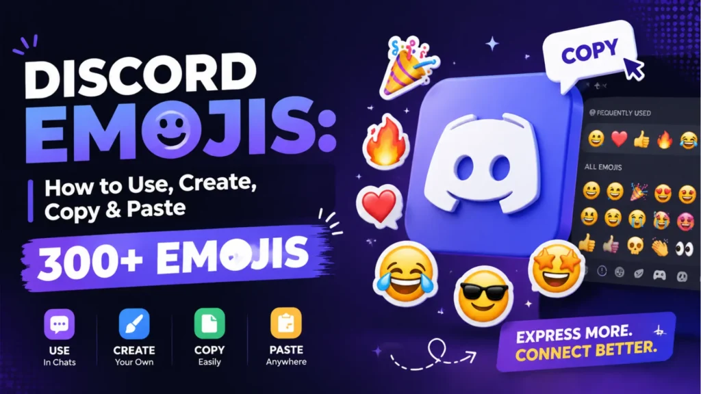 Discord emojis blog image with emoji panel, Discord logo and copy button