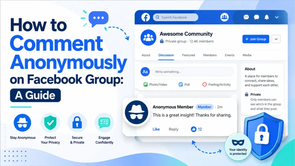 Guide image showing how to comment anonymously in a Facebook group while protecting privacy and identity.