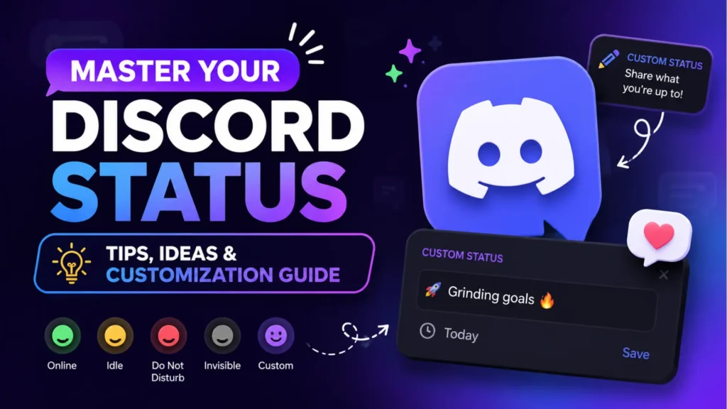 Discord status guide graphic with custom status box and Discord icon