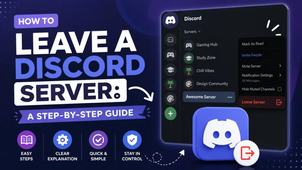 Discord server leaving guide showing easy steps to exit a server with simple interface instructions by Leemjaz.