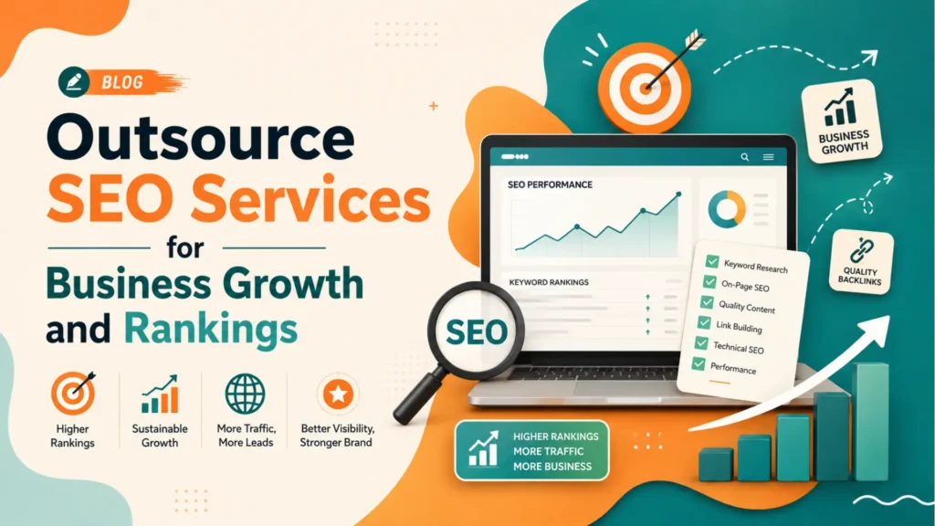Blog graphic showing outsourced SEO services for business growth, rankings, keyword research, link building, and technical SEO.