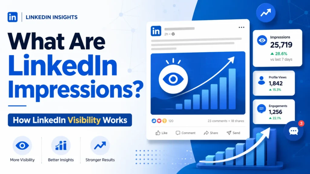 LinkedIn impressions blog graphic with post analytics, profile views and engagement cards