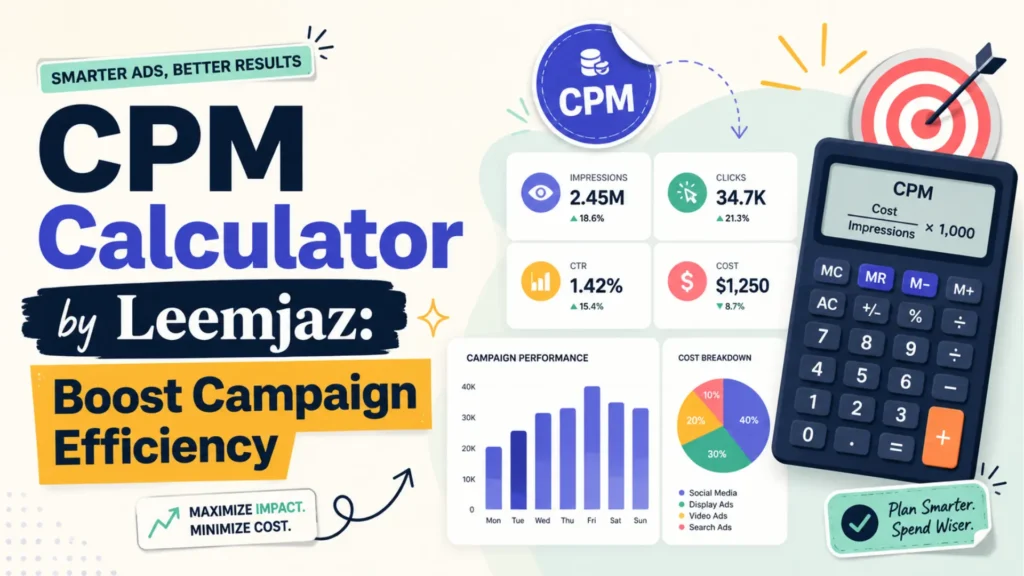 Marketing calculator graphic explaining CPM with impressions, clicks, cost, CTR, campaign performance, and ad efficiency.