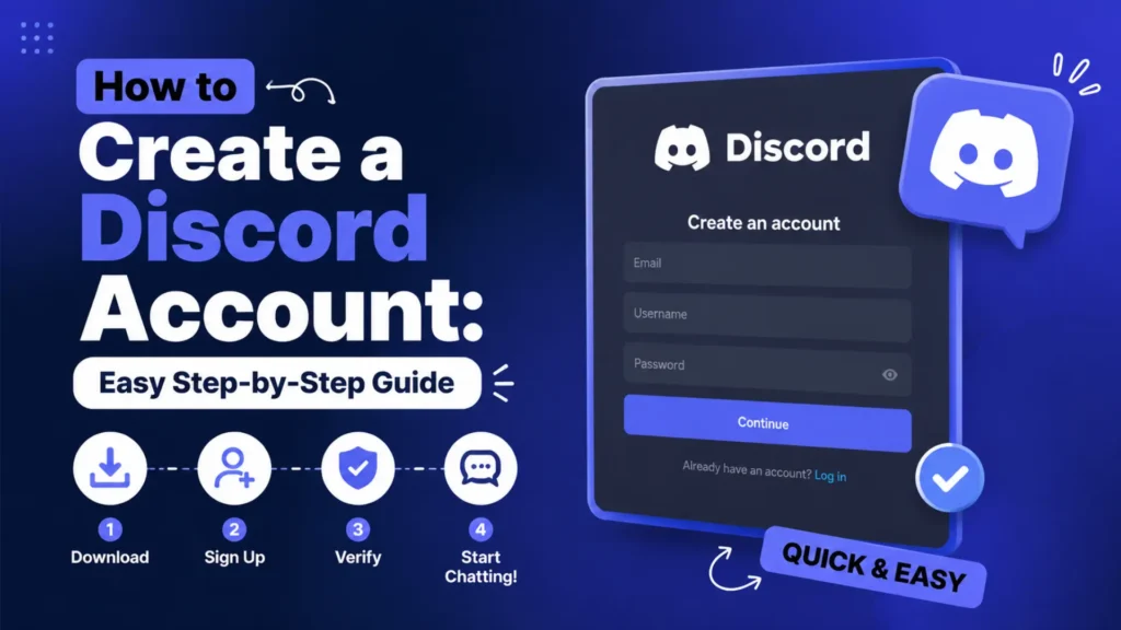 Discord account creation guide image with sign-up screen and step icons