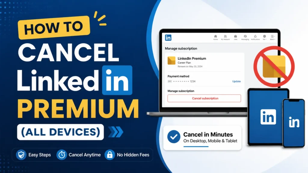 LinkedIn Premium cancellation guide showing how to cancel subscription on desktop, mobile, and tablet devices by Leemjaz.